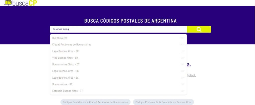 Buscador de códigos postales de Argentina